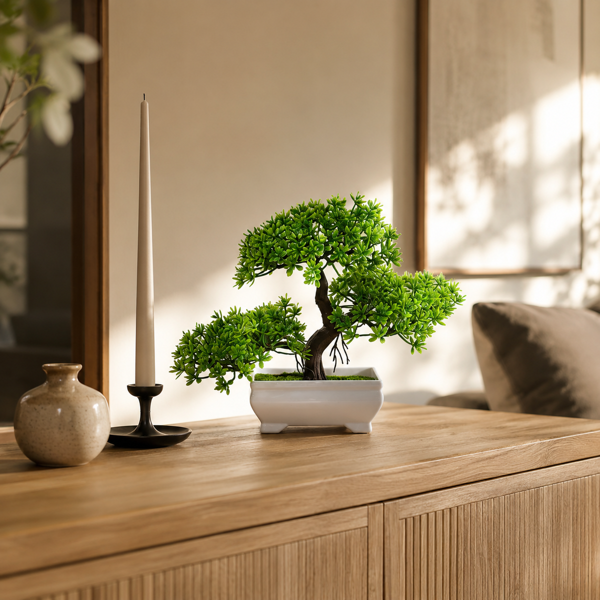 Classic Bonsai artificial tree in white pot on oak sideboard — Decorus Designs