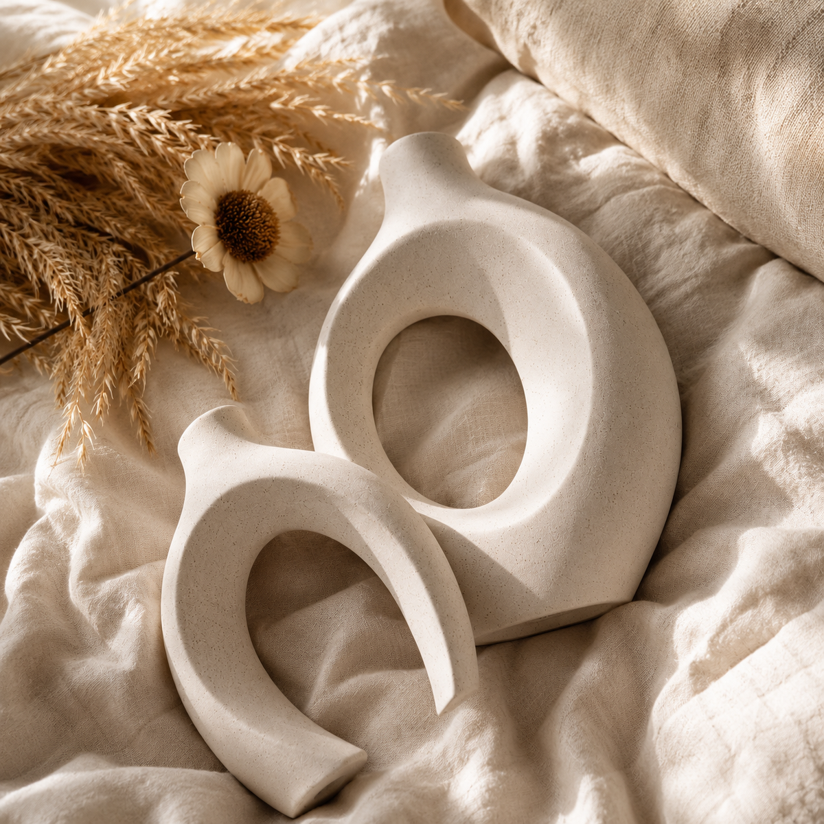 White ceramic arch vase close up with dried stem minimalist home decor