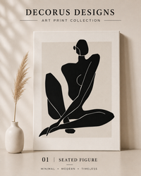 Seated Figure minimalist wall art print — black abstract figure on cream background, Decorus Designs
