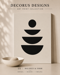 Balance and Form wall art print — black stacked geometric shapes on cream background, Decorus Designs