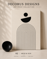 Arch and Sun minimalist wall art print — black arch with circle on cream background, Decorus Designs