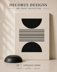 Opposing Forms wall art print — black semi-circles and horizontal lines on cream, Decorus Designs