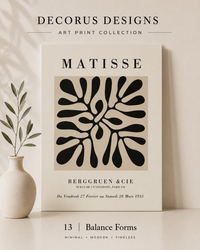 Balance Forms wall art print — black Matisse-style botanical on cream background, Decorus Designs